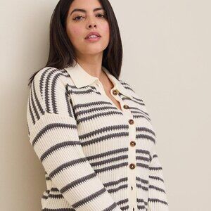 Torrid - Pullover Collared Button Front Sweater in Grey Stripe​​​​​​​​​